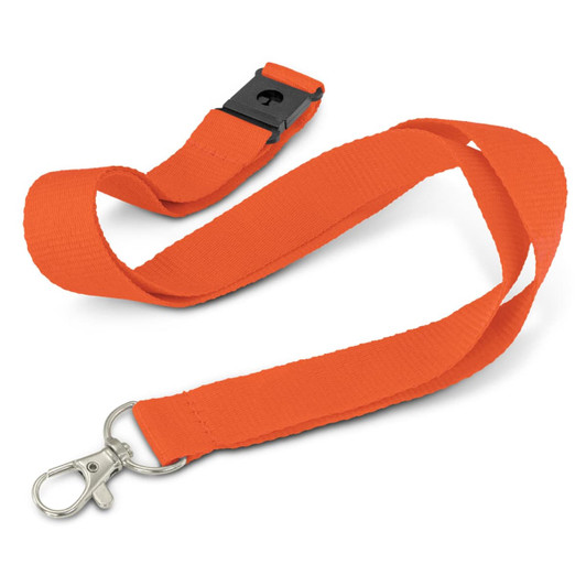 An orange lanyard with a detachable clip and a logo, designed to glow in the dark.