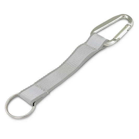 A silver reflector key ring featuring a durable strap and a metal carabiner clip.