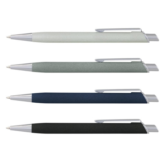 A collection of four metal pens in light grey, dark grey, navy blue, and black, each with a silver clip and branding.