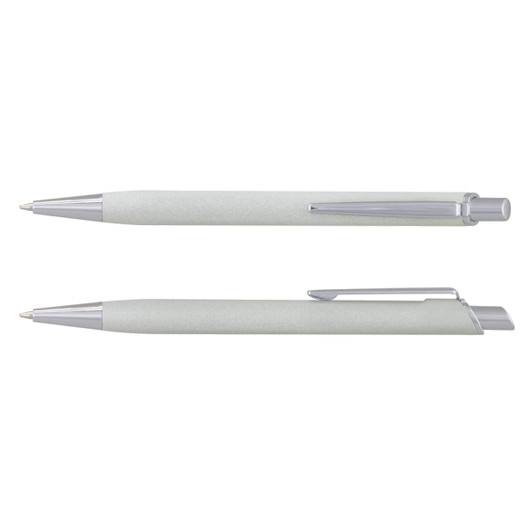 A metal pen in a light green shade with silver accents and a logo feature. Two pens are displayed.