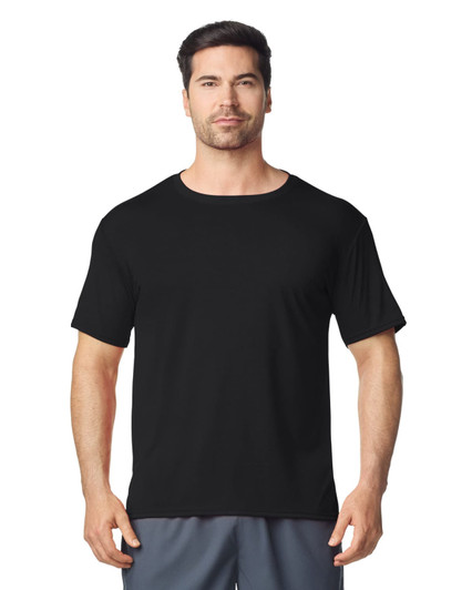 A black Gildan Performance adult T-shirt on a male model, featuring short sleeves and a round neckline.