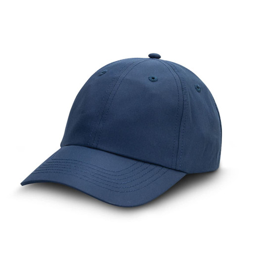 A blue recycled cap featuring a curved brim and six ventilation eyelets, with a logo on the side.