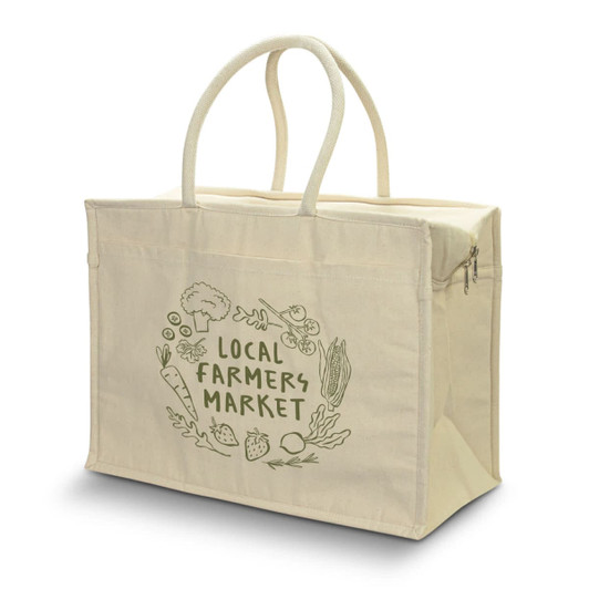 A beige cooler tote bag with a zip and handles, featuring illustrations of vegetables and a logo.