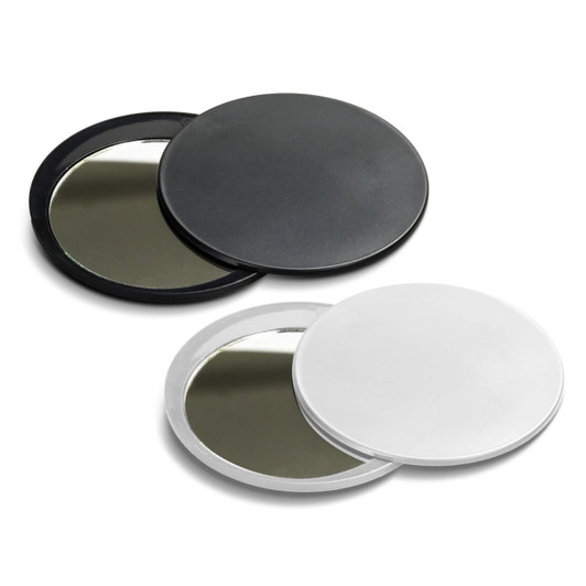 A set of two circular compact mirrors in black and white, each featuring a reflective surface.