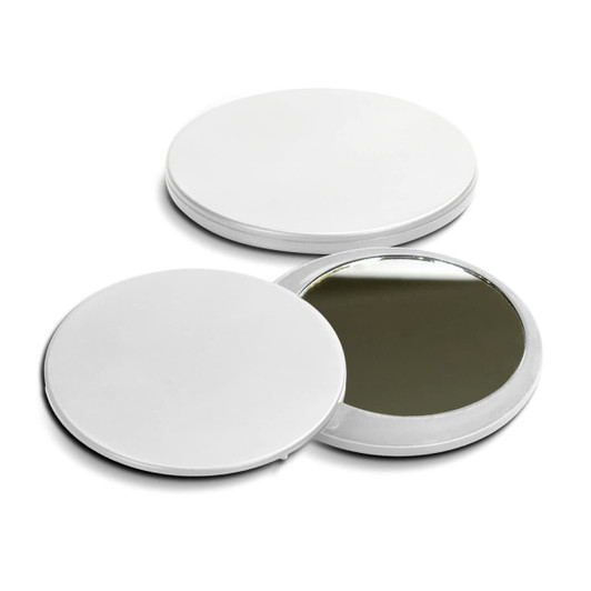 A compact mirror in white, featuring a circular design with a reflective interior and a smooth, flat exterior.