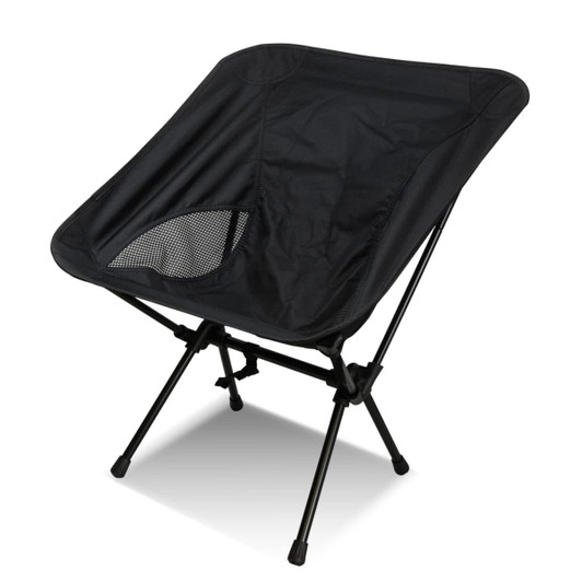 A lightweight folding chair with a black fabric seat and a mesh panel, featuring a sturdy black frame.
