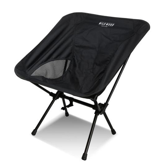 A lightweight folding chair in black with a mesh side panel and a sturdy metal frame. It features a branding logo.