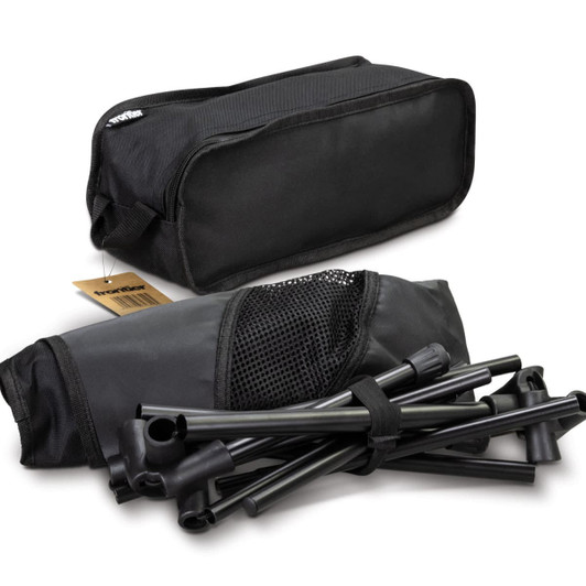A lightweight folding chair in a black storage bag, with disassembled frame pieces visible alongside.