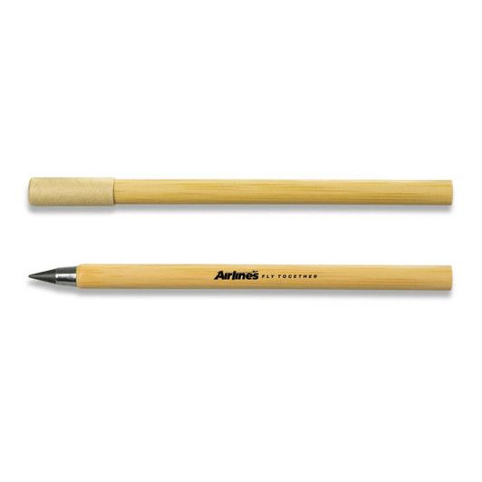 A bamboo pen with a black nib and a natural wood finish, featuring a logo.
