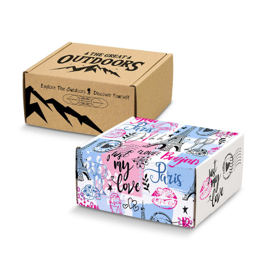 Two die cut boxes with locking lids, one in a brown kraft finish and the other featuring colourful graphic designs.