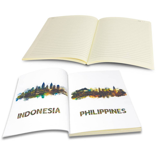 A notebook with lined pages and illustrations of Indonesia and the Philippines on the inside covers. It has a plain exterior.