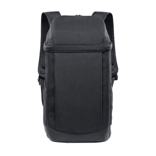 A black cooler backpack with adjustable shoulder straps and a smooth exterior, featuring a logo on the front.