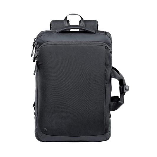 A black computer backpack with a sleek design, featuring padded straps and a carry handle. It has a logo on the front.