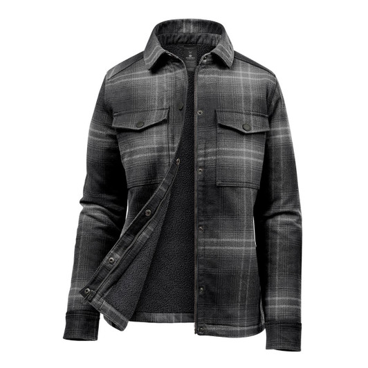 A Women's plaid jacket featuring a black and grey pattern with a sherpa lining, button-up front, and chest pockets.