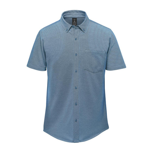 A short-sleeve knit shirt in shades of blue, featuring a button-up front and a chest pocket. It has a logo.