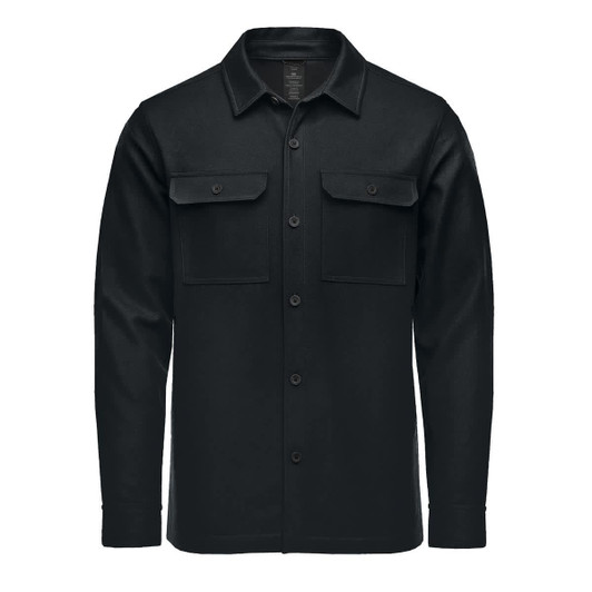 A black plaid shacket featuring two front pockets and a button-up design. It has a logo on the label.