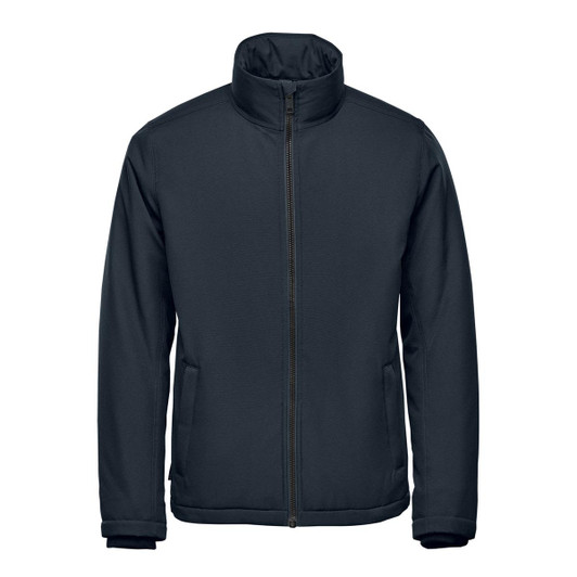 A navy blue Men's Athabasca Thermal Jacket features a high collar and front zip, with side pockets and a logo.