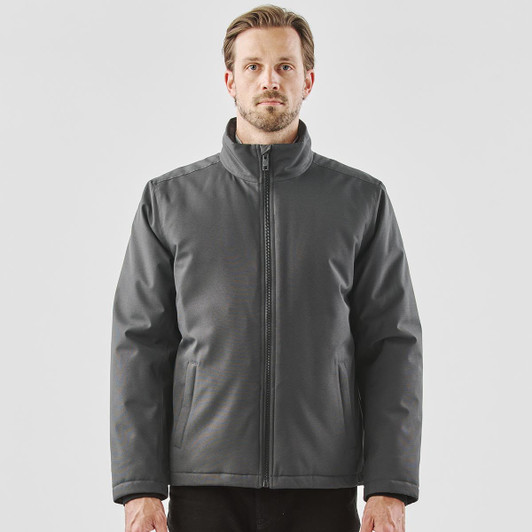 A men's thermal jacket in grey, featuring a zip closure and a stand-up collar. The jacket has a logo on it.