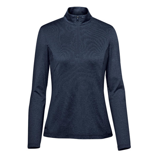 A women's pullover in navy blue with a 1/4 zip collar and long sleeves, featuring a logo on the garment.