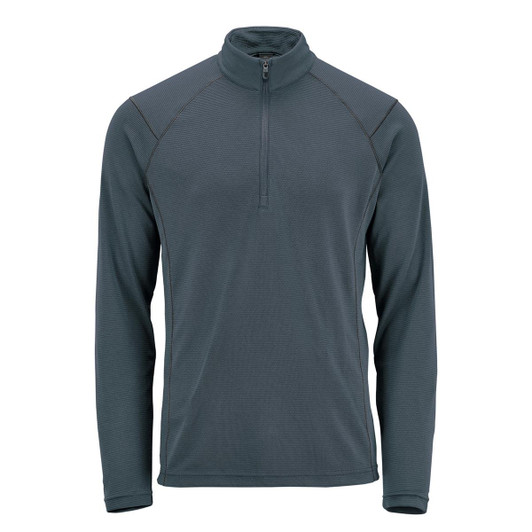 A men's pullover in dark grey with a 1/4 zip collar and long sleeves. Features a logo on the chest.