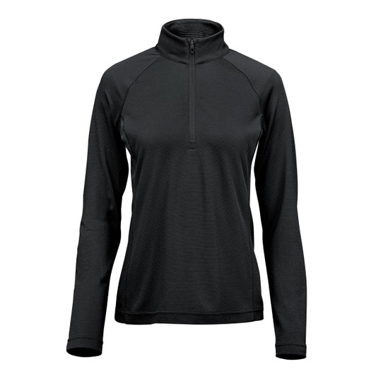 A black women's pullover with a quarter zip and long sleeves, featuring a subtle texture and a logo.