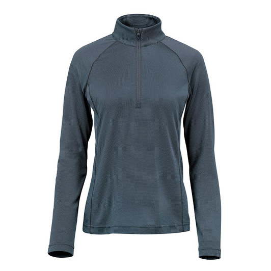 A women's pullover in a dark grey colour, featuring a 1/4 zip and long sleeves. It has a subtle texture and a logo.
