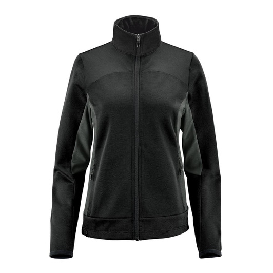 A women's black knit jacket with a high collar and zippered front, featuring contrasting panel details and pockets.