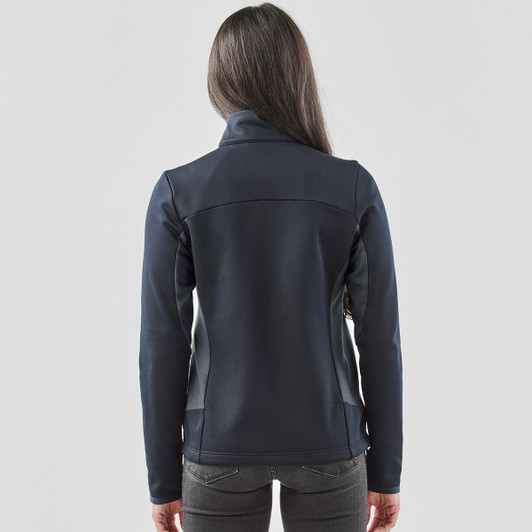 A women's Appaloosa knit jacket in navy, featuring a fitted design and a high collar, with a logo on the back.