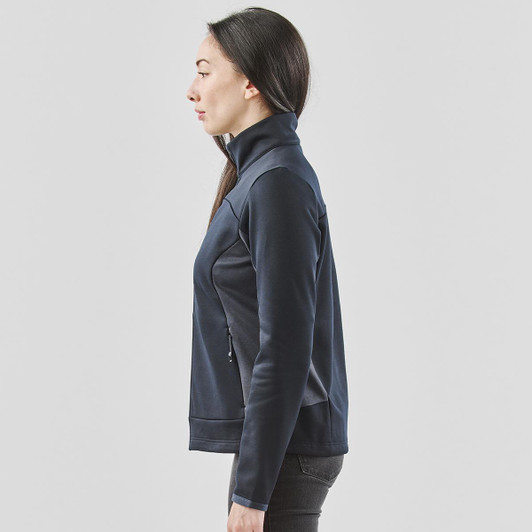 A women's navy knit jacket featuring a high collar and zippered pockets, displayed from the side.
