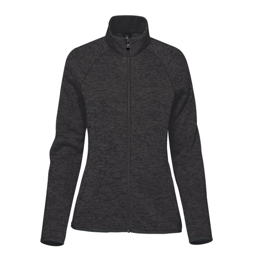 A women's full zip fleece jacket in black, featuring a fitted design and a stand-up collar. Includes a logo.