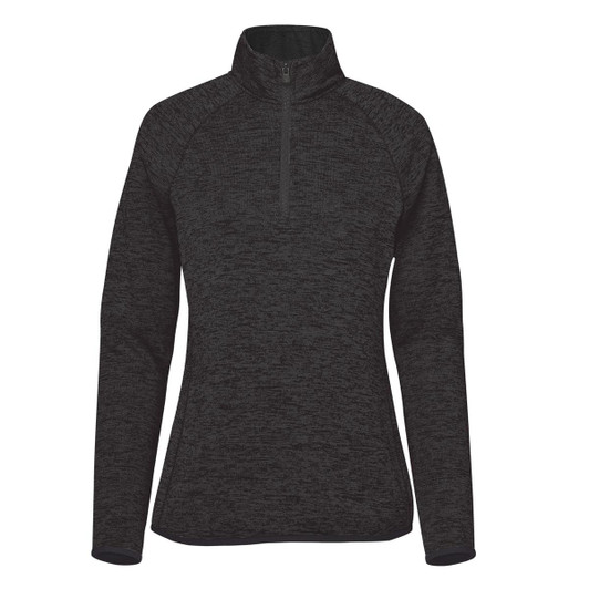 A black women's fleece jacket with a half zip and long sleeves, featuring a simple logo on the front.