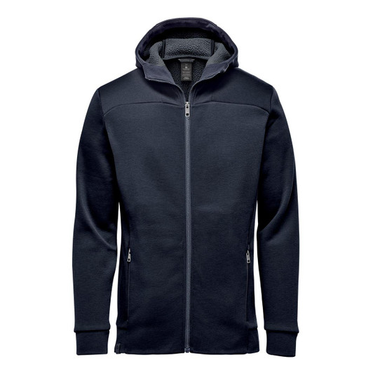 A navy blue men's hoodie with a full zip, featuring a hood and side pockets, and a logo on the chest.