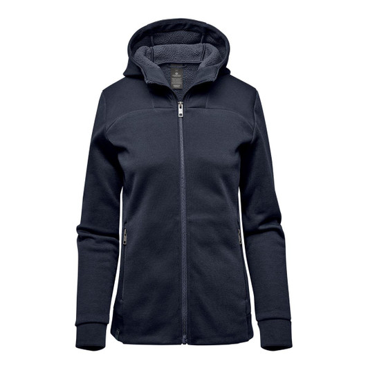 A women's performance hoody in navy blue with a zip front, hood, and side pockets. It features a textured inner lining.