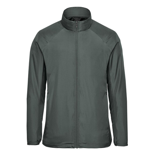 A men's full zip jacket in dark grey with a sleek design and a high collar, featuring a logo.