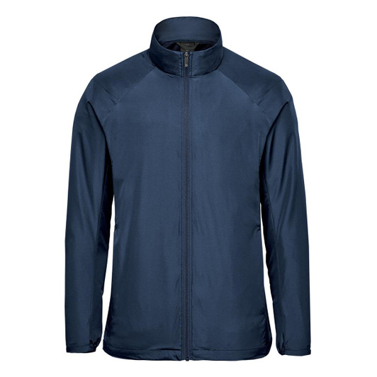 A navy blue men's full zip jacket with a stand-up collar and a logo on the chest.