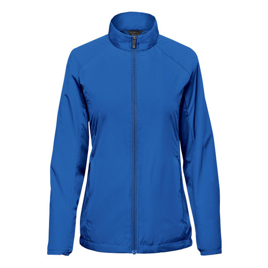 A women's full zip jacket in a vibrant blue colour with a sleek design and a logo on the front.
