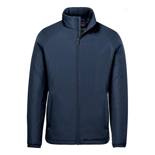 A men's thermal jacket in navy blue with a zip front and stand-up collar, featuring subtle branding.