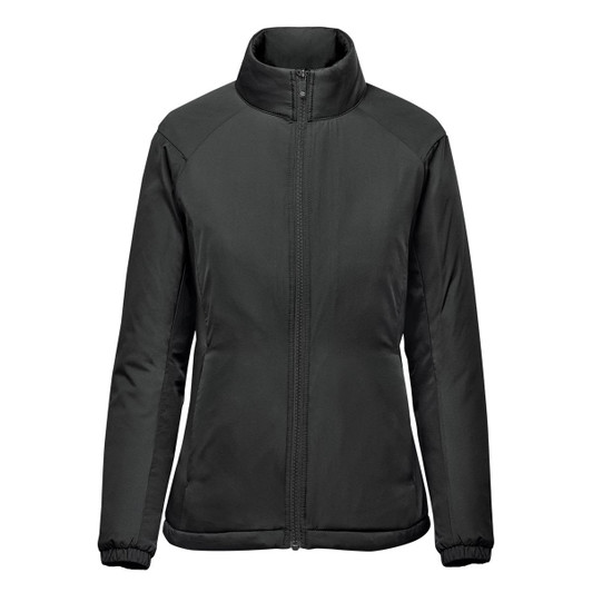 A women's thermal jacket in black with a high collar and zip-up front. It features a logo on the upper chest.