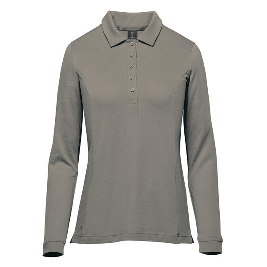 A long-sleeve women's polo in a muted grey tone, featuring a collar and buttons, along with a logo.