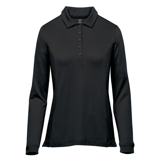 A women's long sleeve micro pique polo in black with a collar and buttons, featuring a logo.