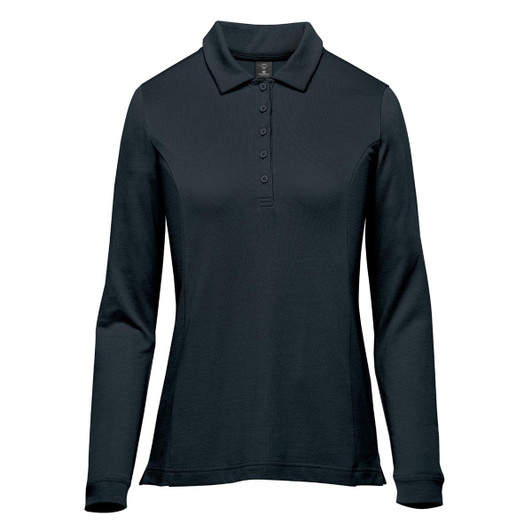 A black long-sleeve polo shirt featuring a collar and buttons, with a logo on the chest.