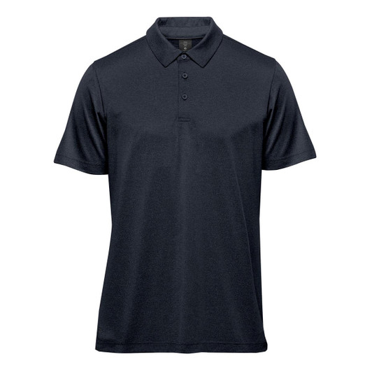 A navy blue men's polo shirt with a collar, short sleeves, and three buttons, featuring a logo.