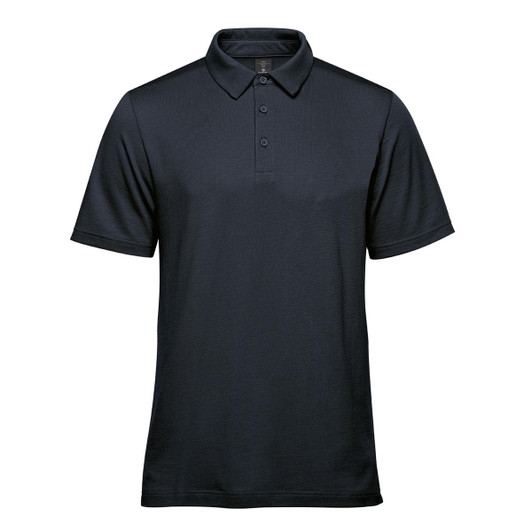 A navy blue men's polo shirt featuring a collar, short sleeves, and a logo on the chest.