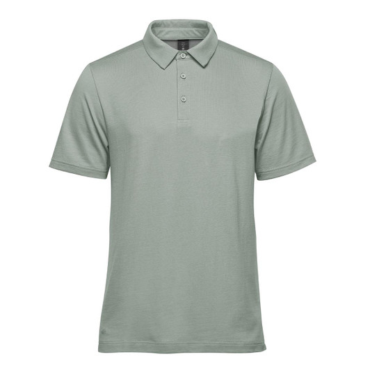 A light green men's polo shirt with a classic collar and three-button placket. It features a logo.