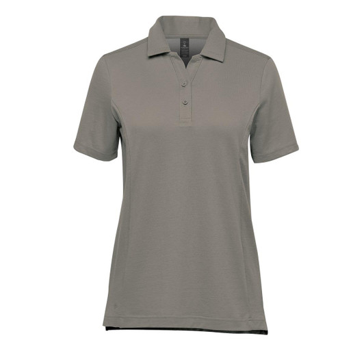 A women's short-sleeve polo shirt in grey, featuring a collar and a logo on the side.