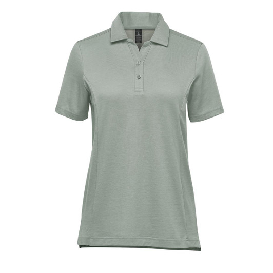 A women's short-sleeve micro pique polo shirt in a light green colour, featuring a collar and three-button placket.