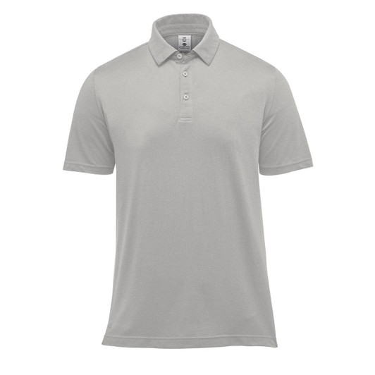 A light grey men's polo shirt with a classic collar and short sleeves, featuring a logo on the chest.