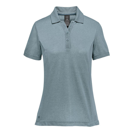 A women's polo shirt in light blue, featuring a classic collar and a small logo on the front.