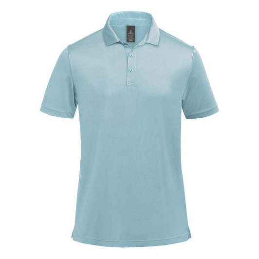 A light blue men's polo shirt with a collar and three-button placket, featuring a logo on the chest.