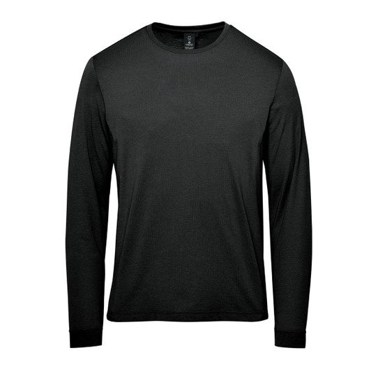 A long-sleeve black t-shirt with a round neckline and a simple design. It features a logo on the label.